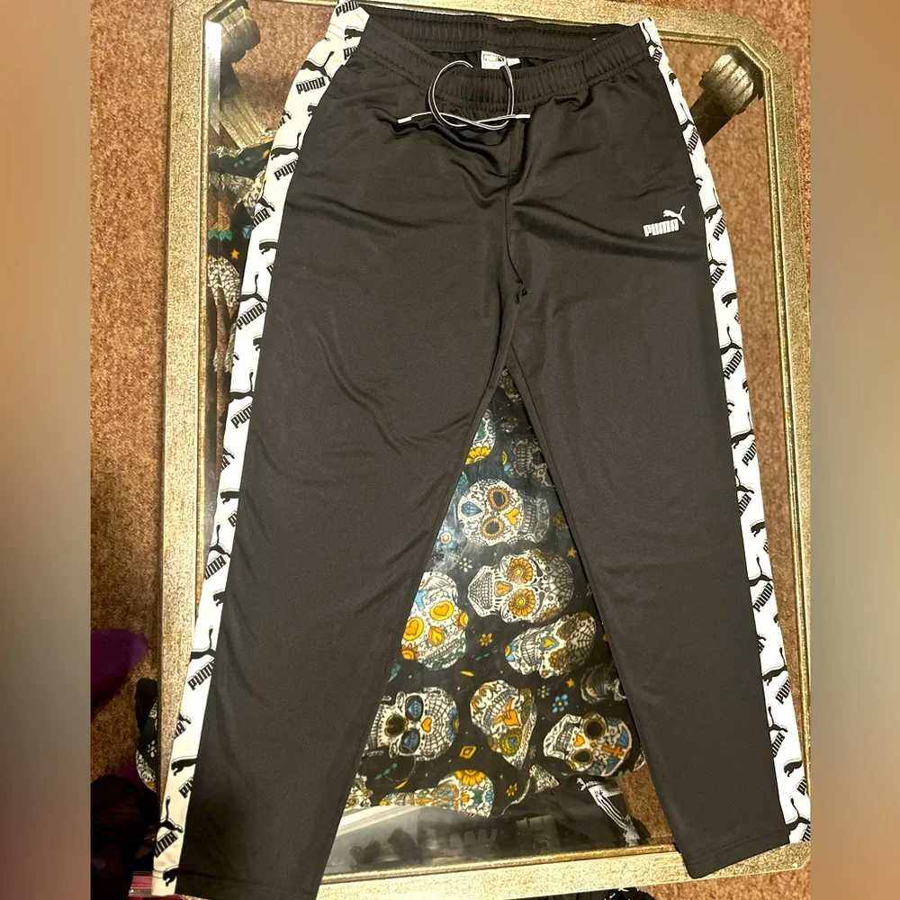 Puma Athletic Silky Black W White Stripe Pants Sweatpants Joggers Varsity 2XL - Picture 5 of 10